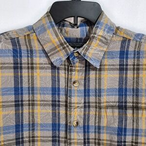 Woolrich Plaid Long Sleeve Button Up Cotton Shirt Mens Large Blue Yellow Gray